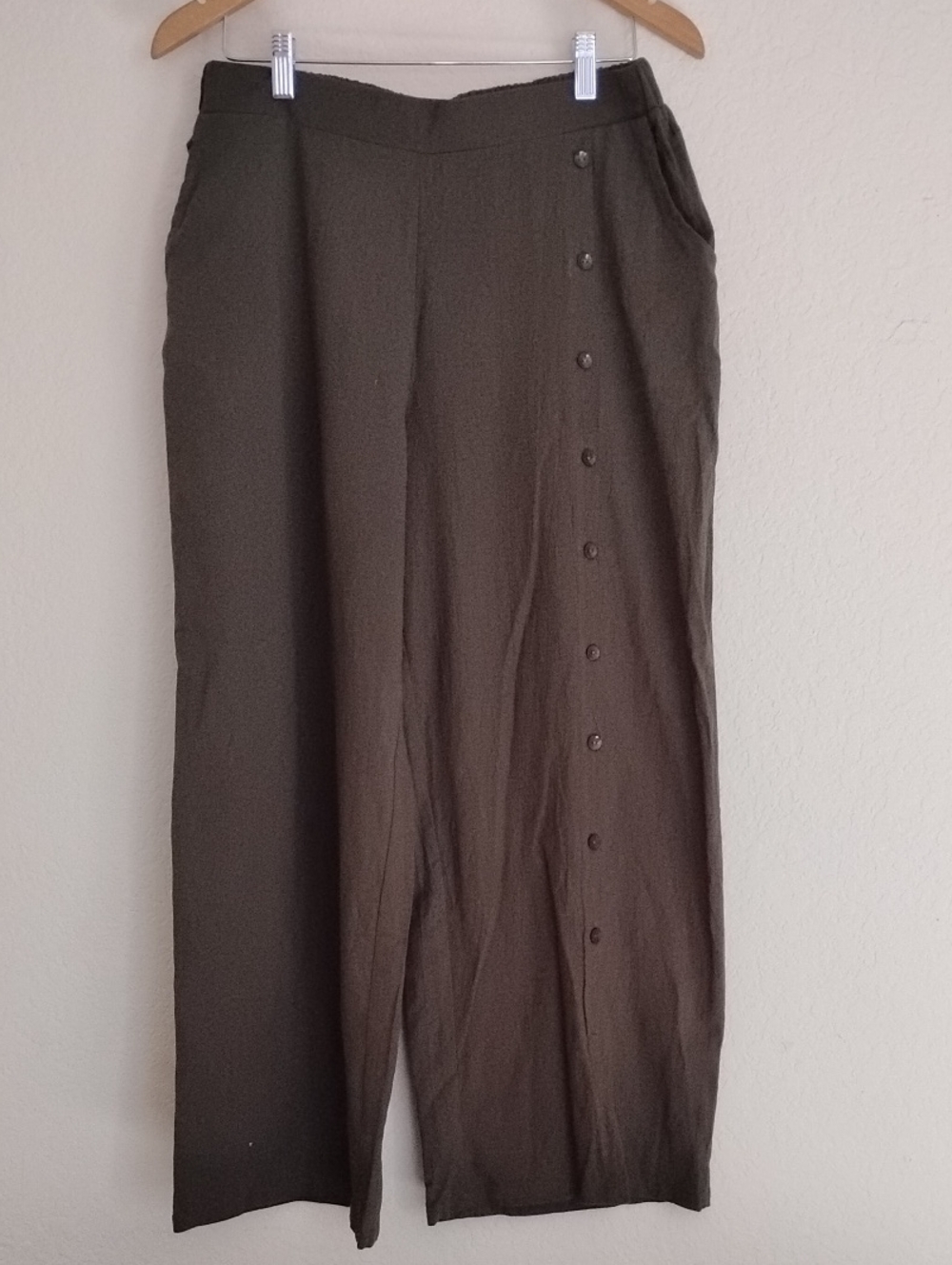 100% Cotton Linen-look Wide-Leg Boho Style Pants — Olive (XL) - Picture 2 of 10